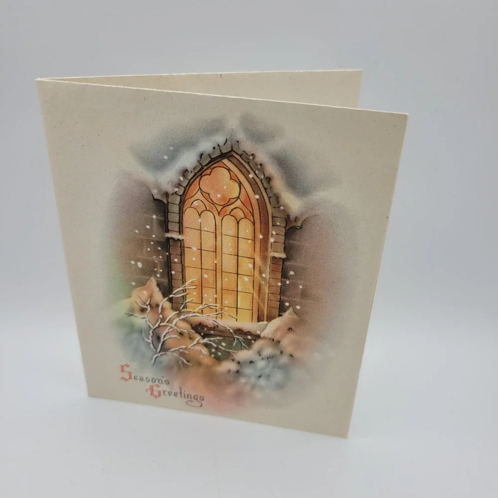 Vintage Seasons Greetings Christmas Card‎ Church Window Religious Holiday Card